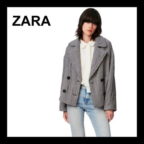 NWOT ZARA Gray houndsthooth oversized overshirt coat blazer jacket - Picture 1 of 12